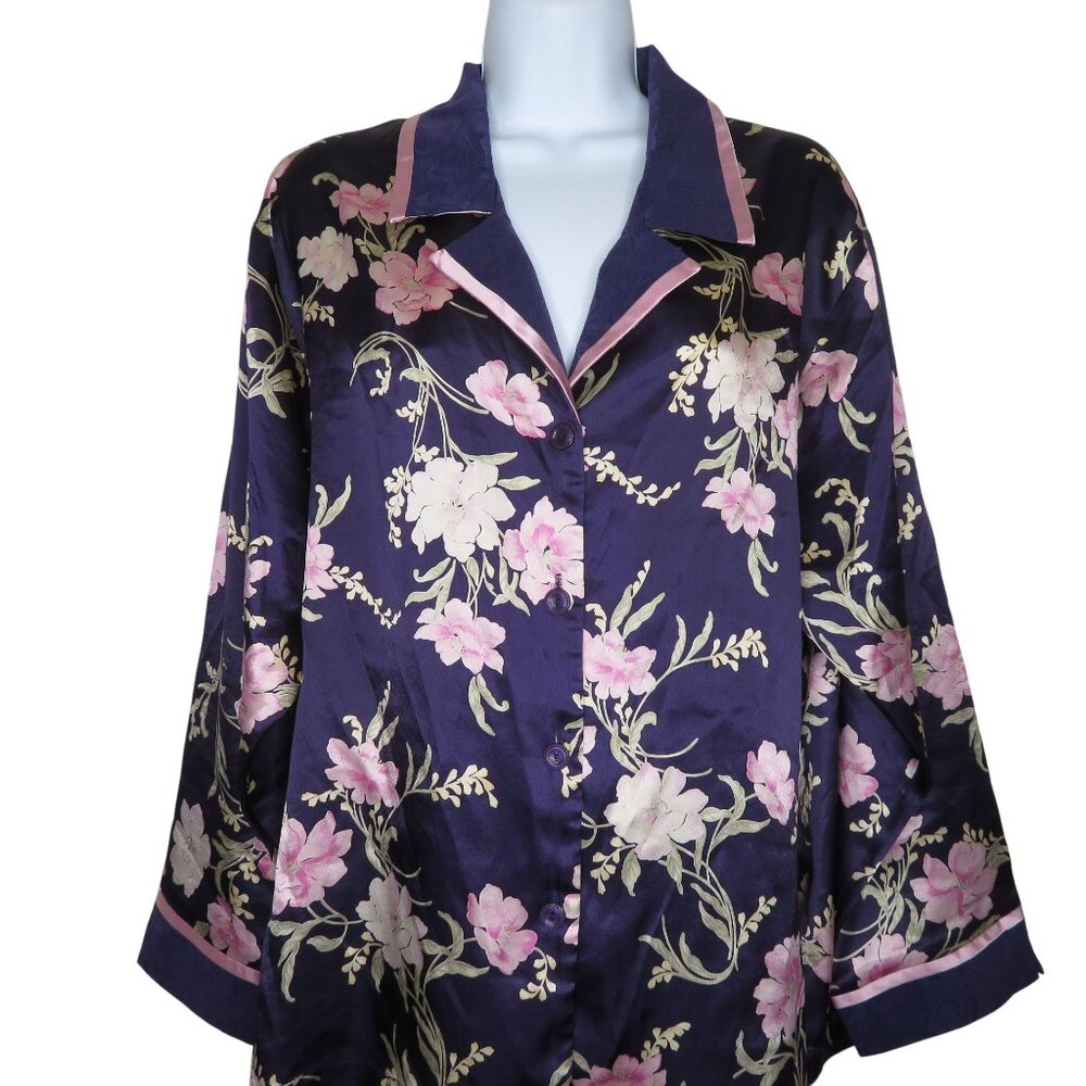 Vintage Oscar De La Renta Pink Label Womens Satin Floral Pajama Top Medium